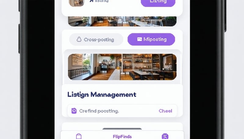 Mobile app interface of FlipFinds showing listing management and cross-posting features